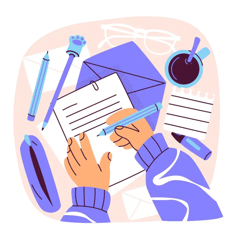 כתובת ALT: עיצוב גרפי של כתיבה ויצירת תוכן, עם עזרים לכתב, עטים וכוס קפה בסביבה עבודה יצירתית.